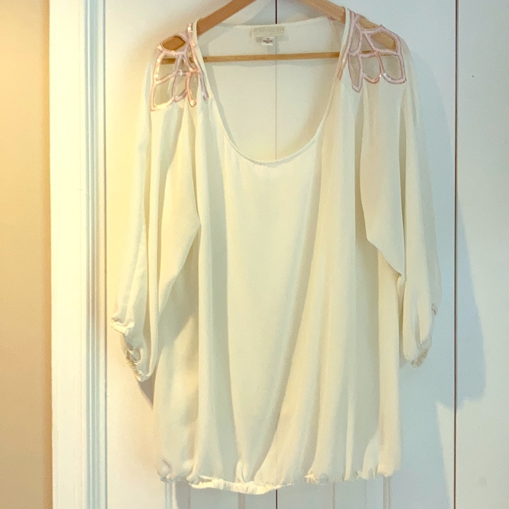 Open Detailed Shoulder Cream Blouse